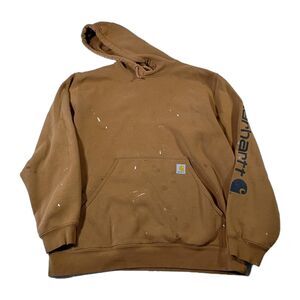 Carhartt Loose Fit Tan Hoodie Men's L Thrashed Stains Holes Spellout
